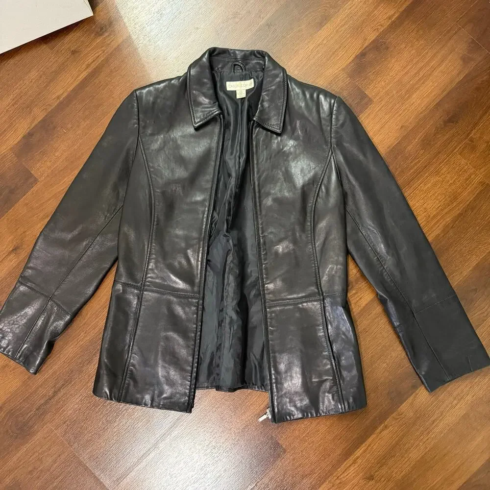 Vintage Y2K Casual Corner Full Zip Genuine Leather Jacket Minimalist Black Sz M